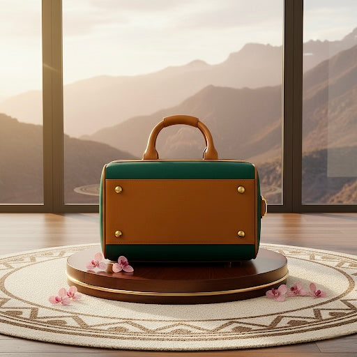 Rear view of the Ashbera Founders Edition pet carrier with protective metal feet and a clean leather back panel on a display plinth.