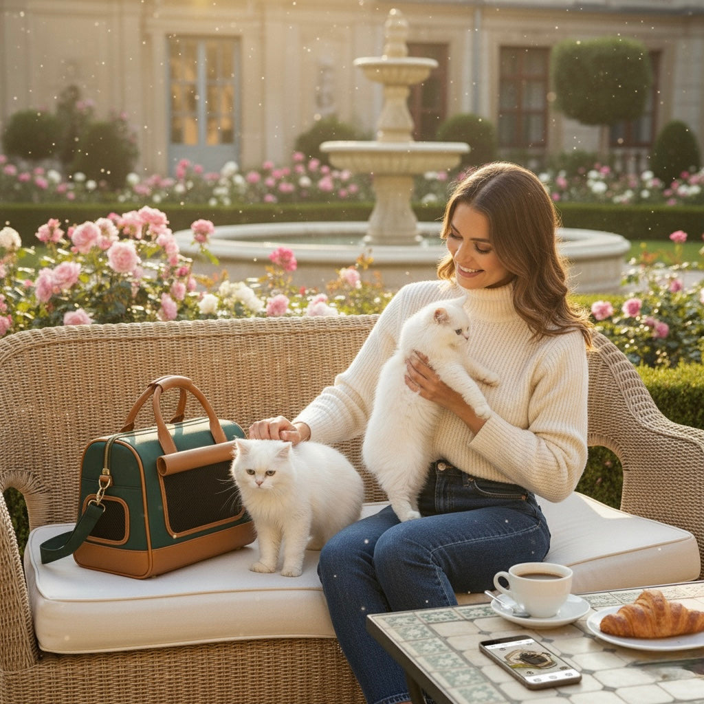 Luxury garden terrace: woman cuddling two white cats beside the Ashbera Founders Edition green-and-caramel pet carrier near a fountain.