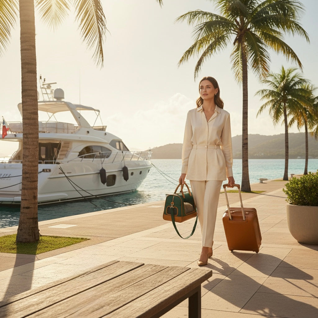 Woman in an ivory suit walking along a marina beside a yacht, carrying the Ashbera Founders Edition green-and-caramel pet carrier