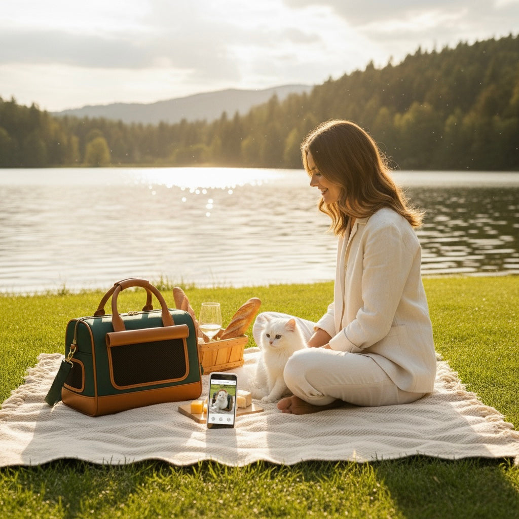 Lakeside picnic at golden hour with a cat resting next to the Ashbera Founders Edition pet carrier on a cream blanket.