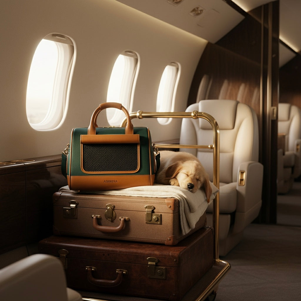 Private jet cabin—sleeping puppy and Ashbera Founders Edition pet carrier placed on stacked vintage suitcases.