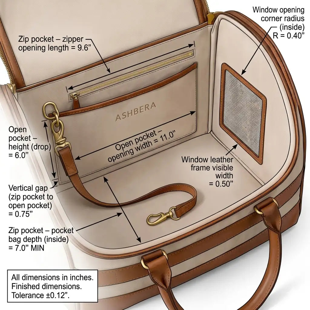 Ashbera atelier blueprint — interior layout, zip pocket 9.6 inch, open pocket 11.0 inch, tolerance 0.12 inches