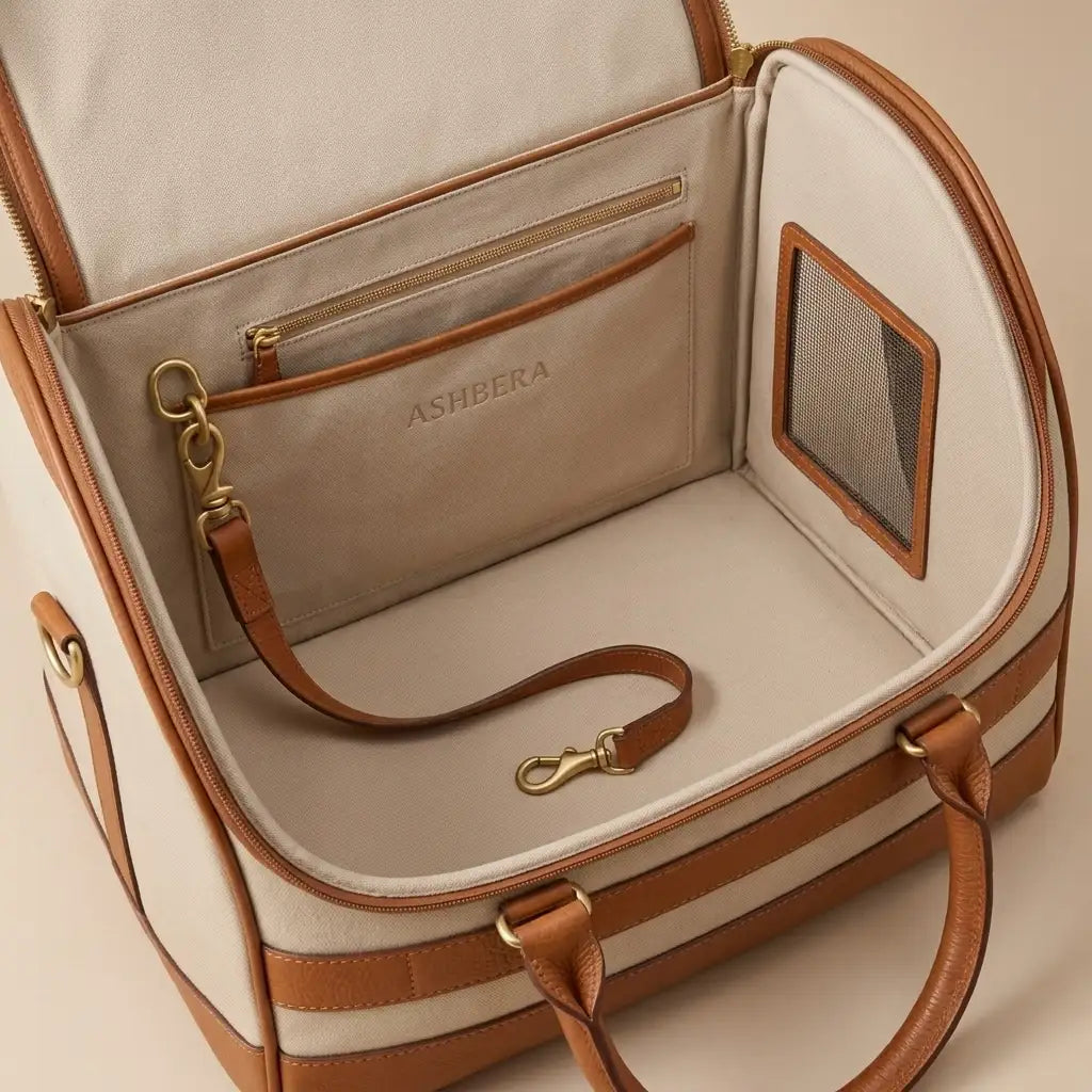 Ashbera interior — cream microfiber suede lining, blind deboss logo, gold hardware tether, document pocket