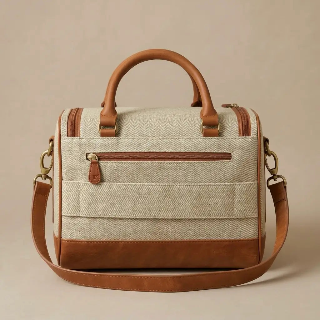 Ashbera Founder Edition — rear panel, trolley sleeve, owner pocket, tan leather and herringbone canvas