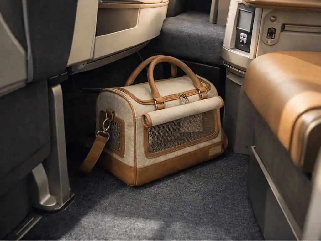 Ashbera structured dog and cat carrier under airplane cabin seat — luxury cabin-approved pet carrier