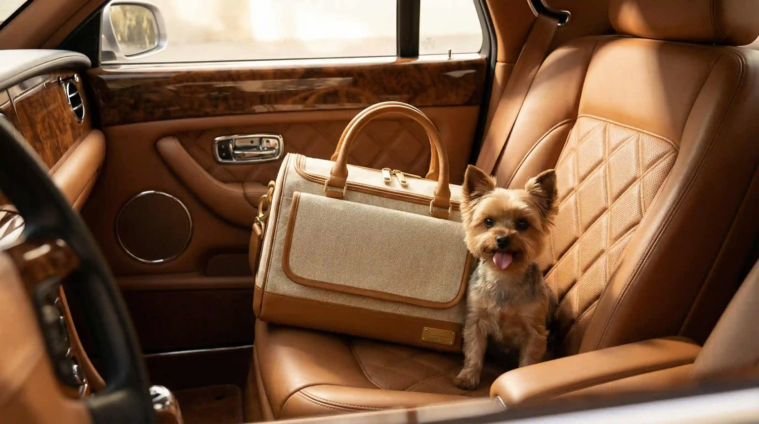Ashbera luxury dog carrier on Bentley back seat with Yorkshire Terrier — premium pet travel carrier