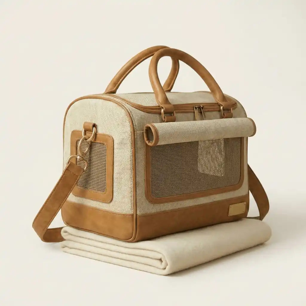 Ashbera structured pet carrier with ventilation mesh panel and cream travel mat — cabin approved dog carrier