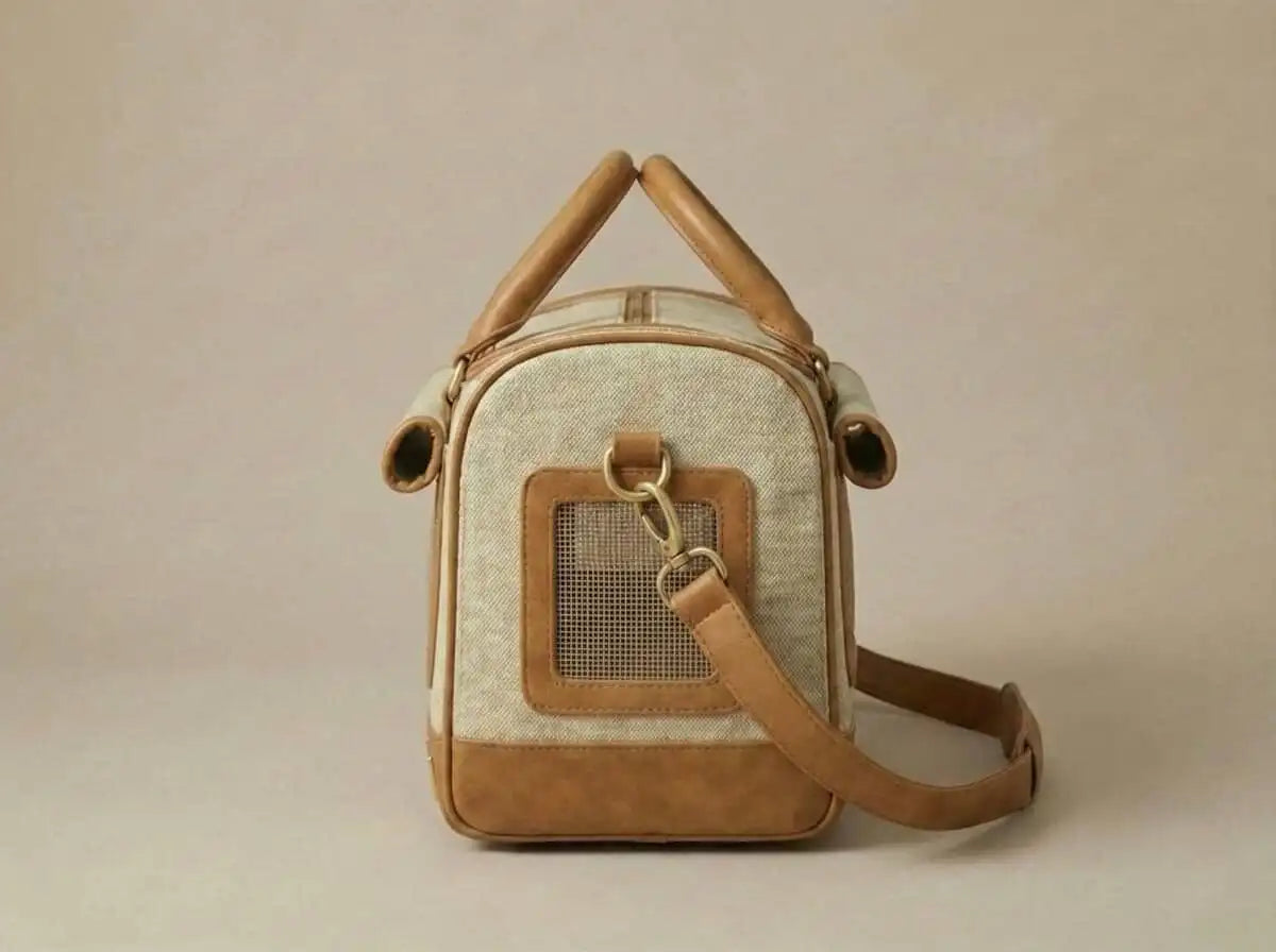 Ashbera structured dog and cat carrier — side angle with leather shoulder strap and ventilation mesh