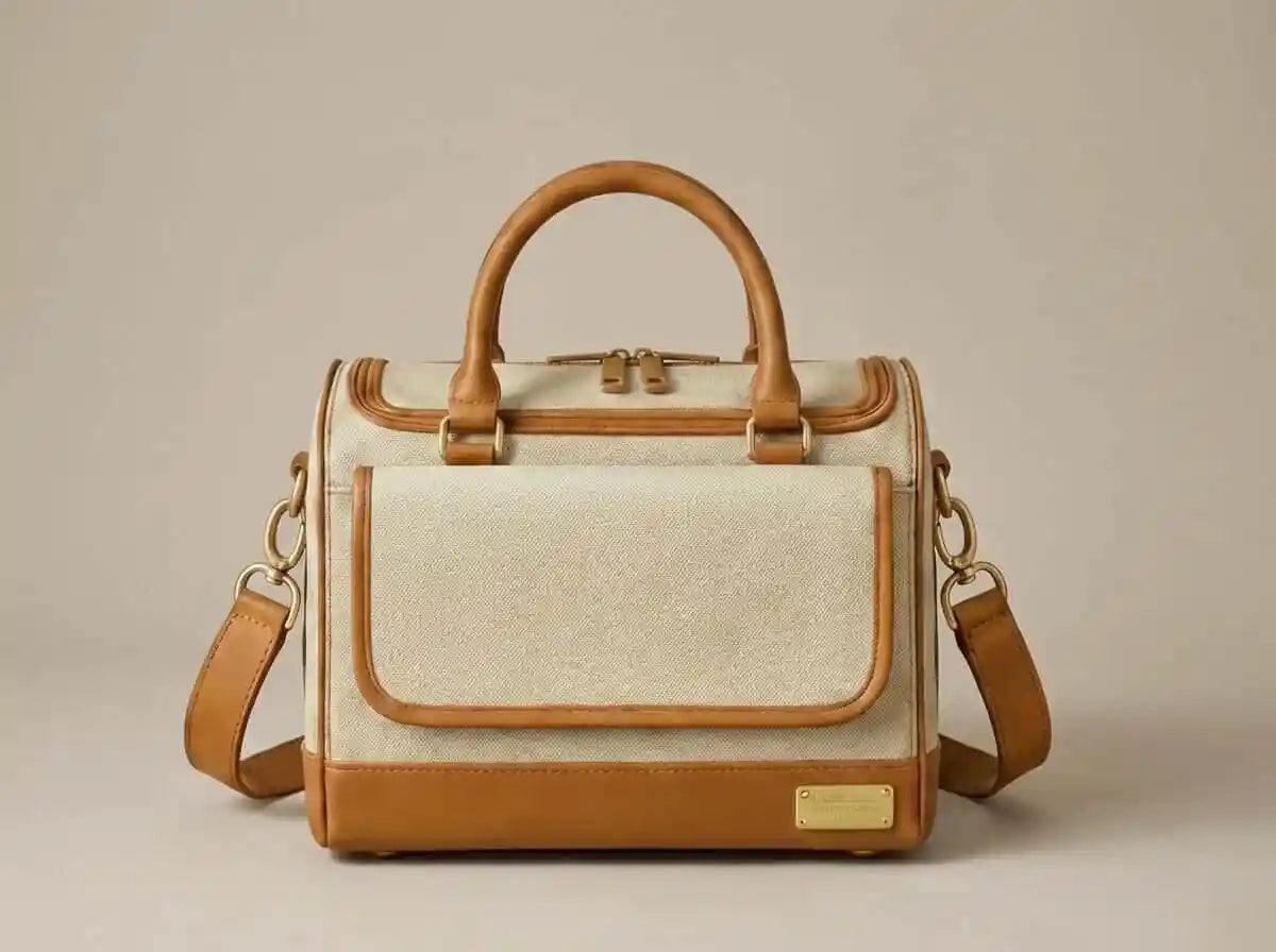 Ashbera luxury dog carrier — tan leather top handle and gold hardware detail, Founder's Edition