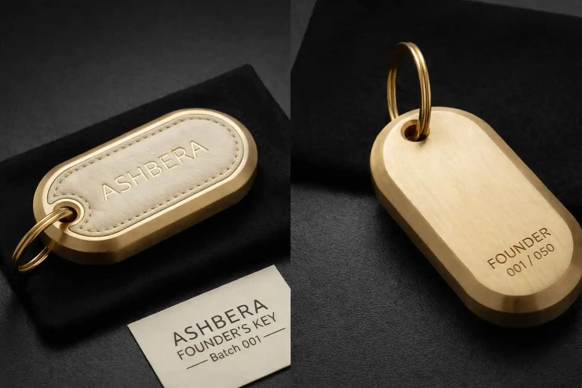 Ashbera Founder's Key — solid brass, Batch 001 of 050, included with every Founders Edition carrier