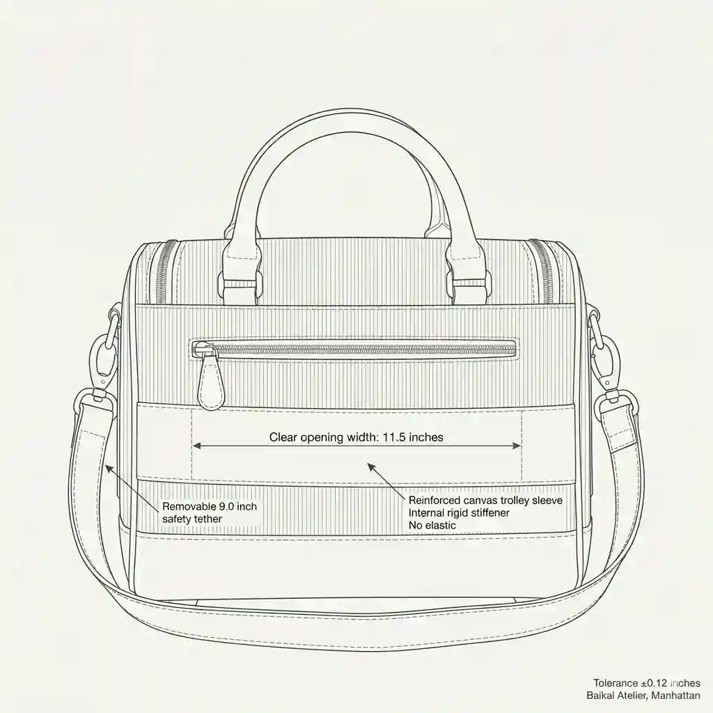 Ashbera atelier blueprint — rear panel, 11.5 inch trolley sleeve, rigid internal stiffener, Baikal Atelier Manhattan