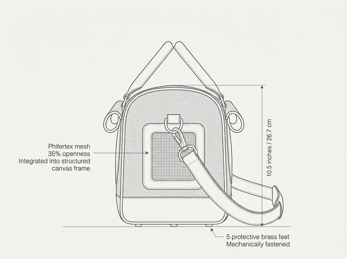  Ashbera atelier blueprint — side elevation, Phifertex mesh 35% openness, 10.5 inches, 5 brass feet mechanically fastened