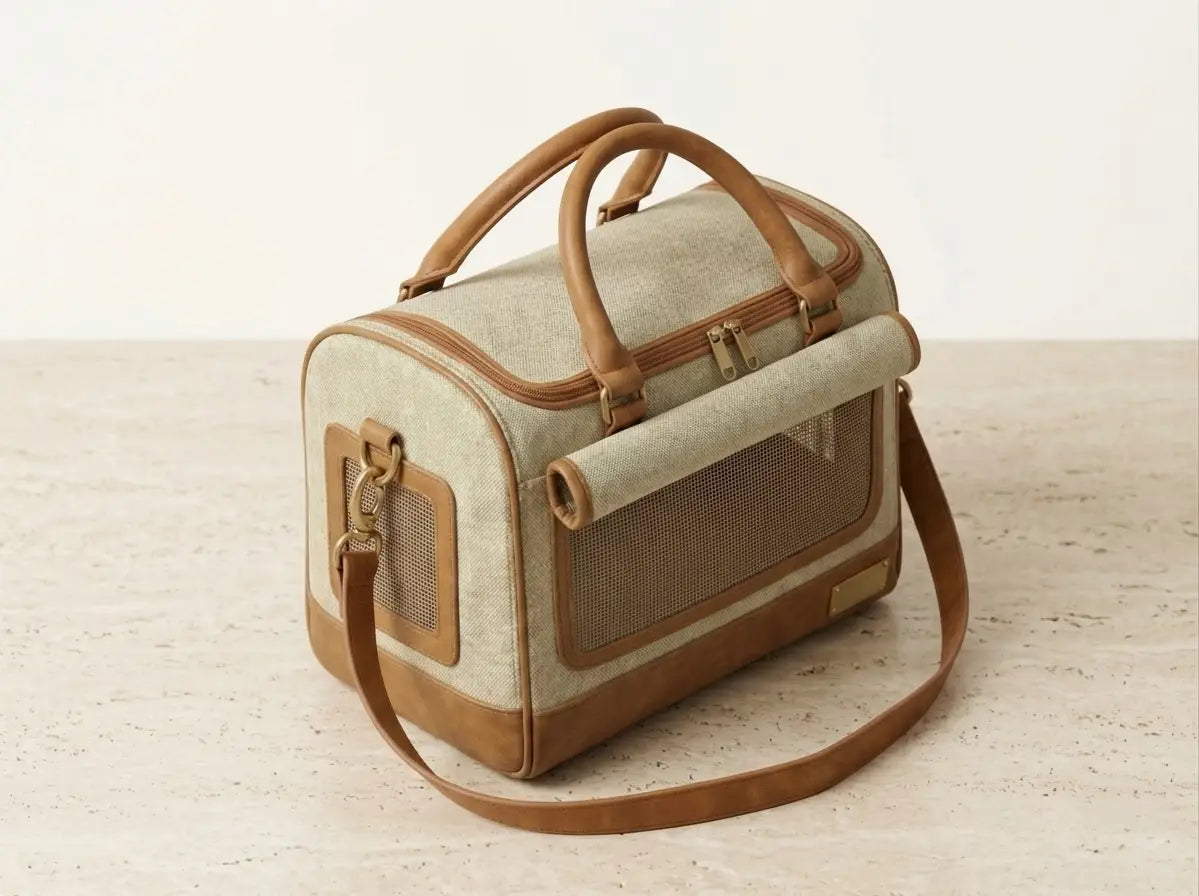 Ashbera Founder Edition — structured cabin carrier, grège canvas and tan leather, hand-assembled in Manhattan